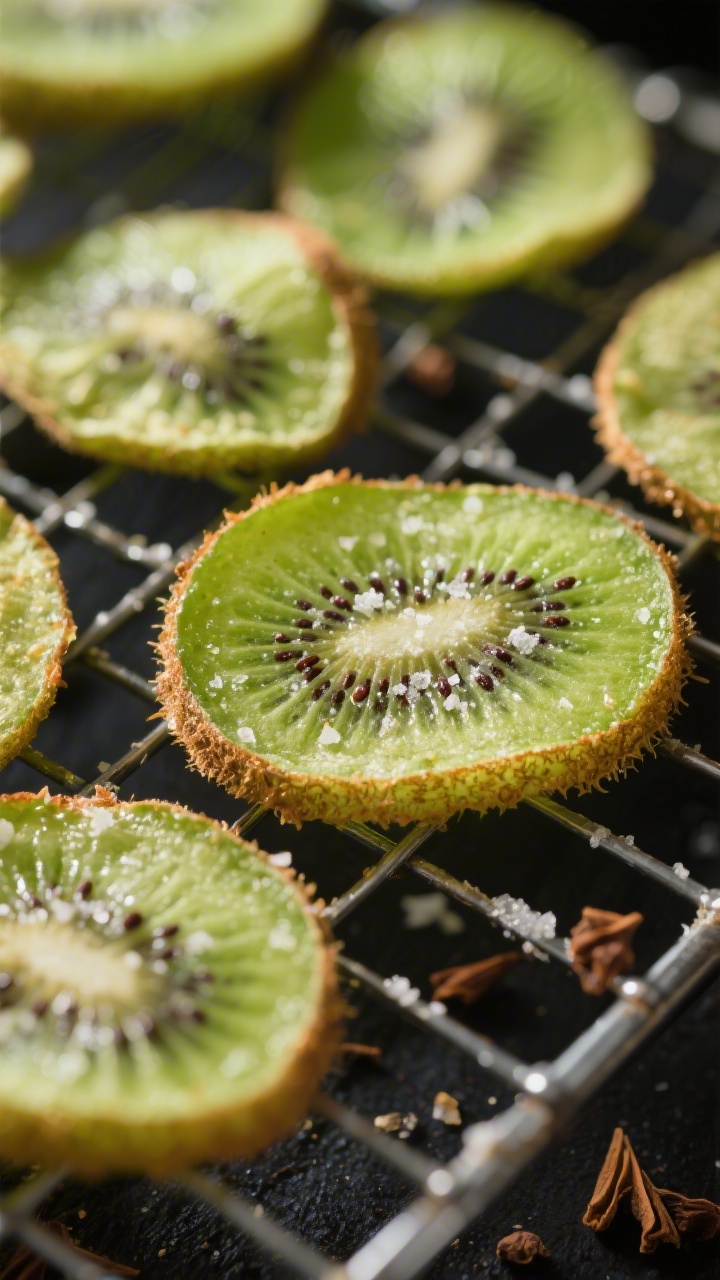Close-up detail: A tight macro of finished air fryer kiwi chips cooling on a wire rack, edges lightl