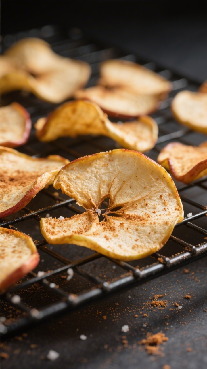 Close-up detail: Air-fried apple chips just finished cooking, curled edges and lightly golden surfac