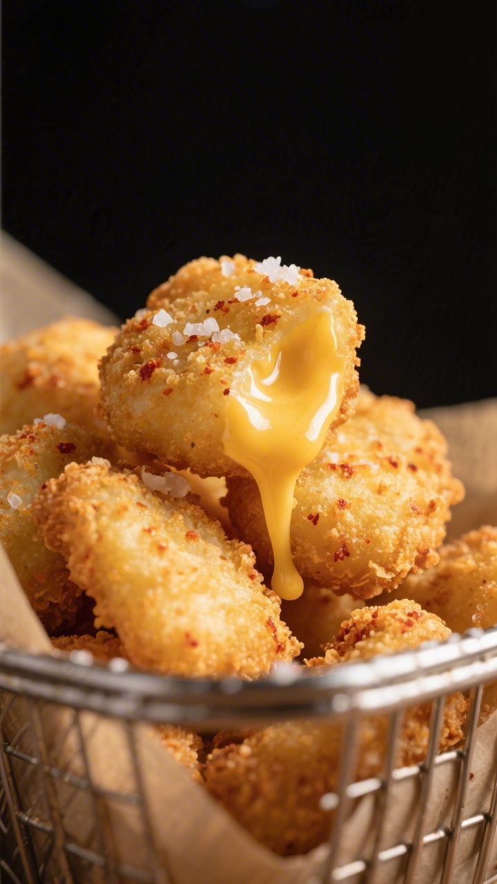 Close-up detail: Air-fried cheese curds just out of the basket, ultra-crispy panko crust with visibl