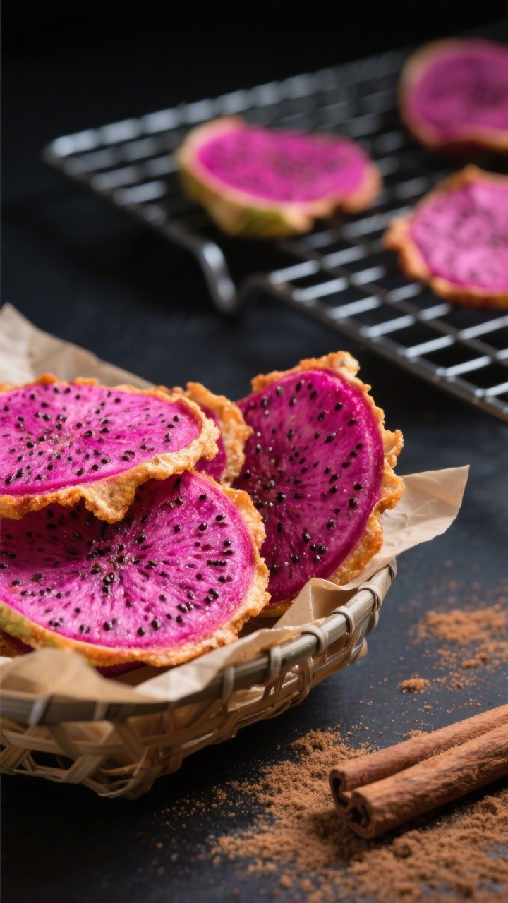 Close-up detail: Air-fried dragon fruit chips just out of the basket, edges lightly curled and crisp