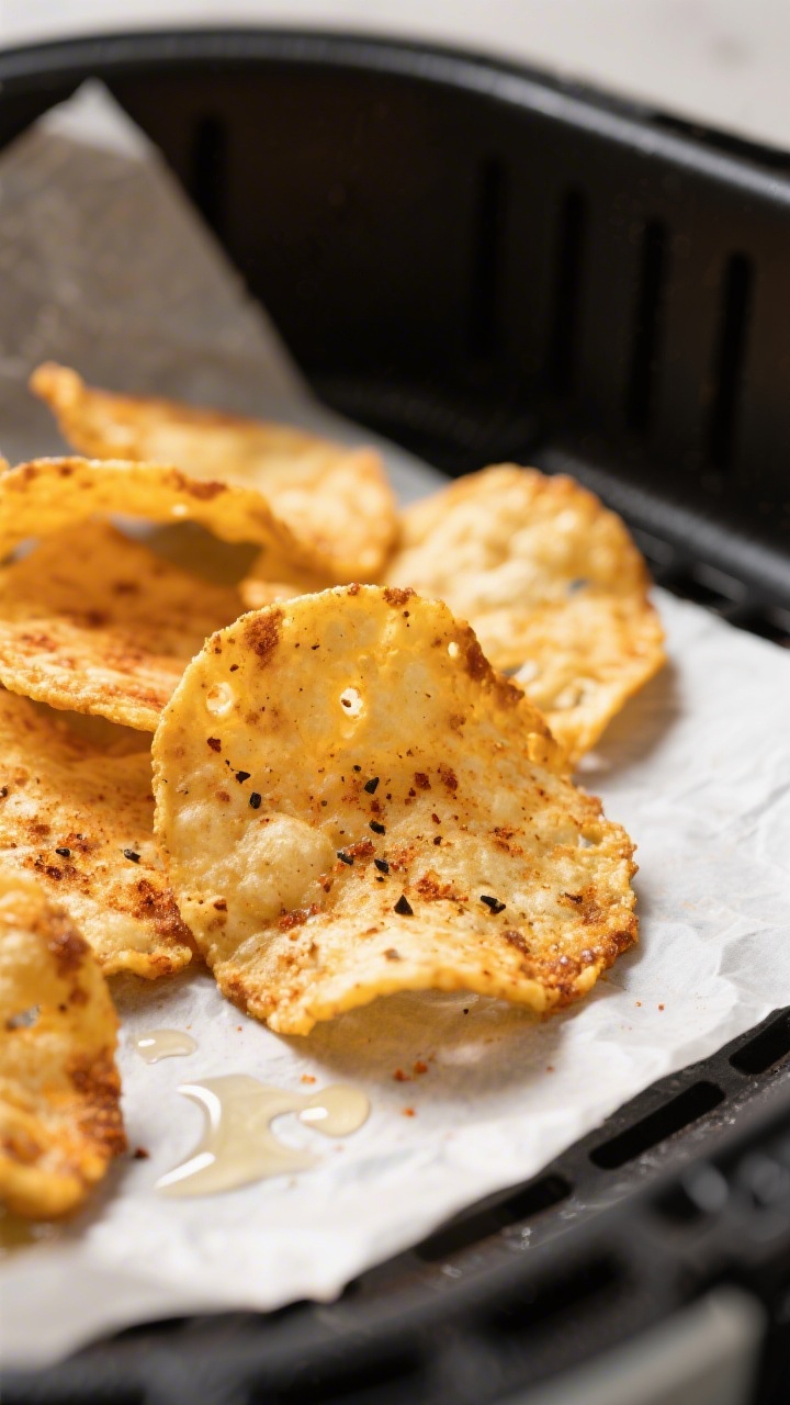 Close-up detail: Air fryer cheese chips just out of the basket, edges deeply golden and lacy with ti