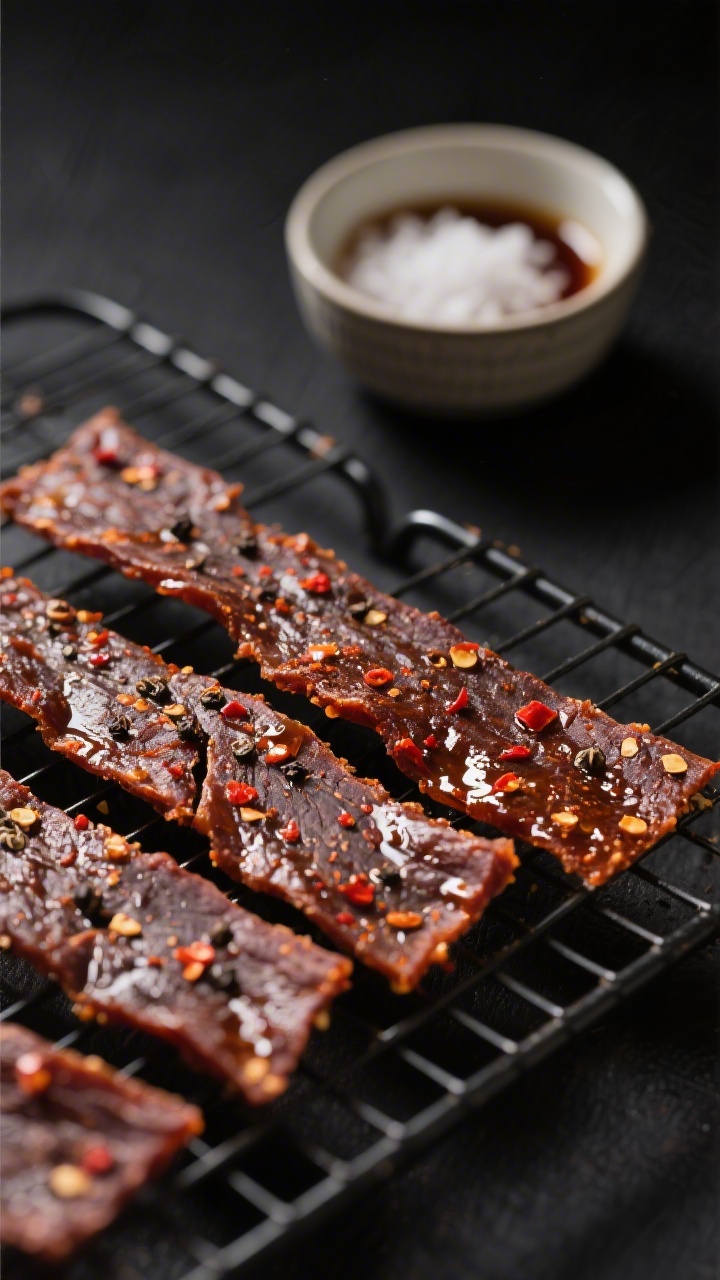 Close-up detail: Air fryer Paleo beef jerky just finished drying on a mesh rack, glistening with avo
