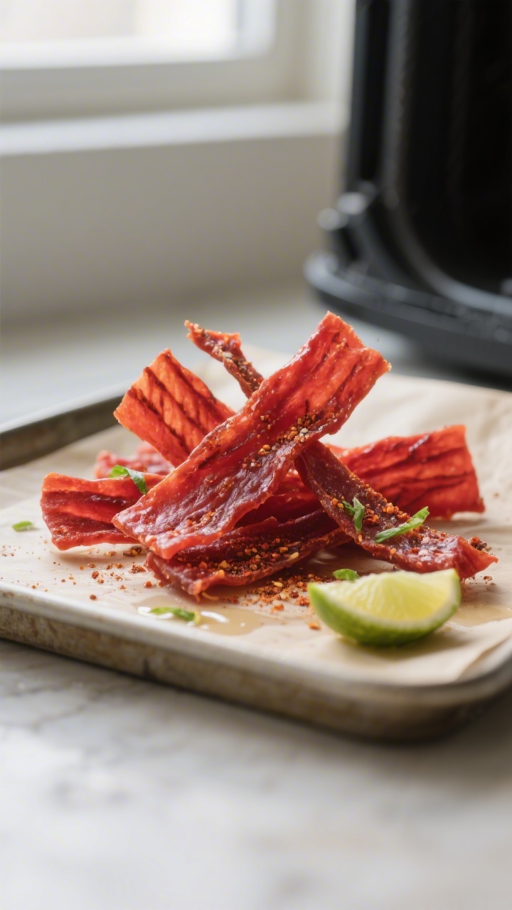 Close-up detail: Air fryer watermelon jerky strands just finished drying, deep ruby-red and slightly