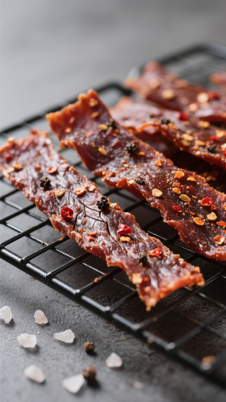 Close-up detail: Chewy, pepper-flecked air fryer turkey jerky strips just finished drying, showcasin