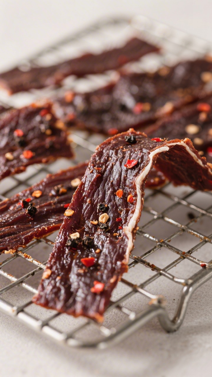 Close-up detail: Chewy strips of finished air fryer beef jerky cooling on a wire rack, dark mahogany