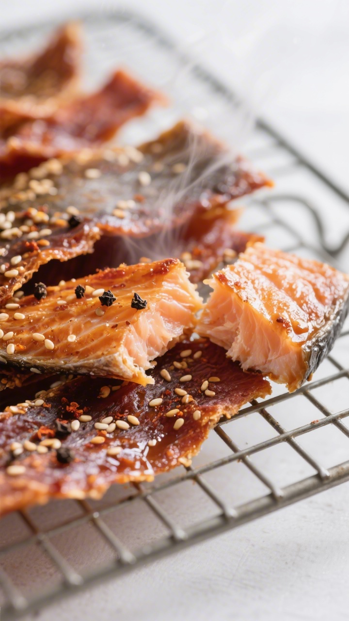 Close-up detail: Crispy air fryer salmon jerky strips just finished, edges caramelized and slightly