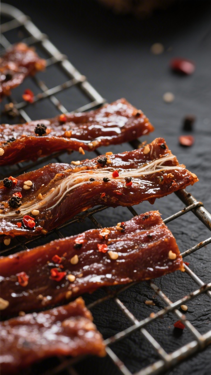 Close-up detail: Glazed air fryer pork loin jerky strips cooling on a wire rack, deep mahogany-brown
