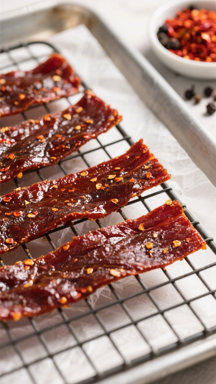 Close-up detail: Glazed strips of air fryer spicy beef jerky cooling on wire racks, deep mahogany co