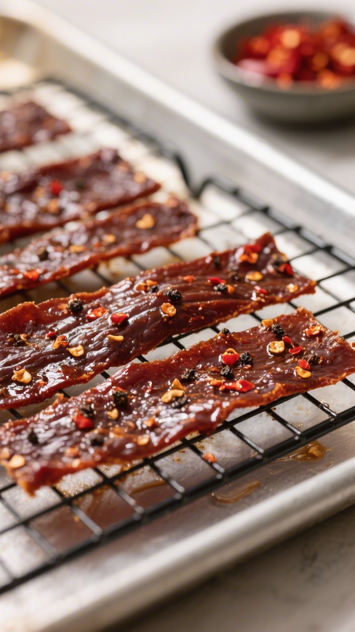 Close-up detail: Glazed strips of Air Fryer Sweet Heat Beef Jerky just finished drying, deep mahogan