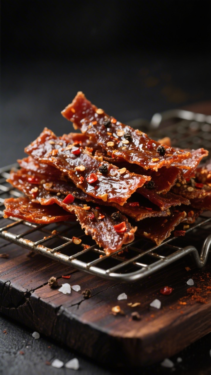 Close-up detail: Glazed strips of finished air fryer tuna jerky piled on a small wire rack, surface