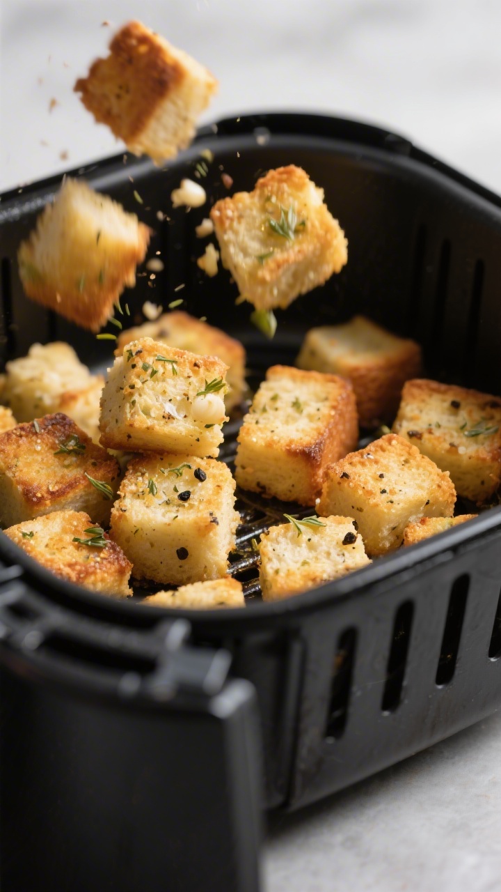 Close-up detail: Golden air-fried croutons mid-cook in a preheated air fryer basket at 375°F, cubes