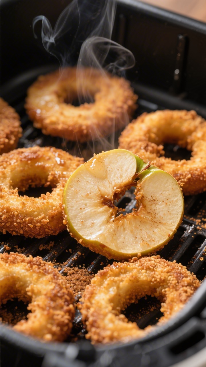 Close-up detail: Golden-brown air fryer apple rings just after flipping, crisp panko-cinnamon coatin