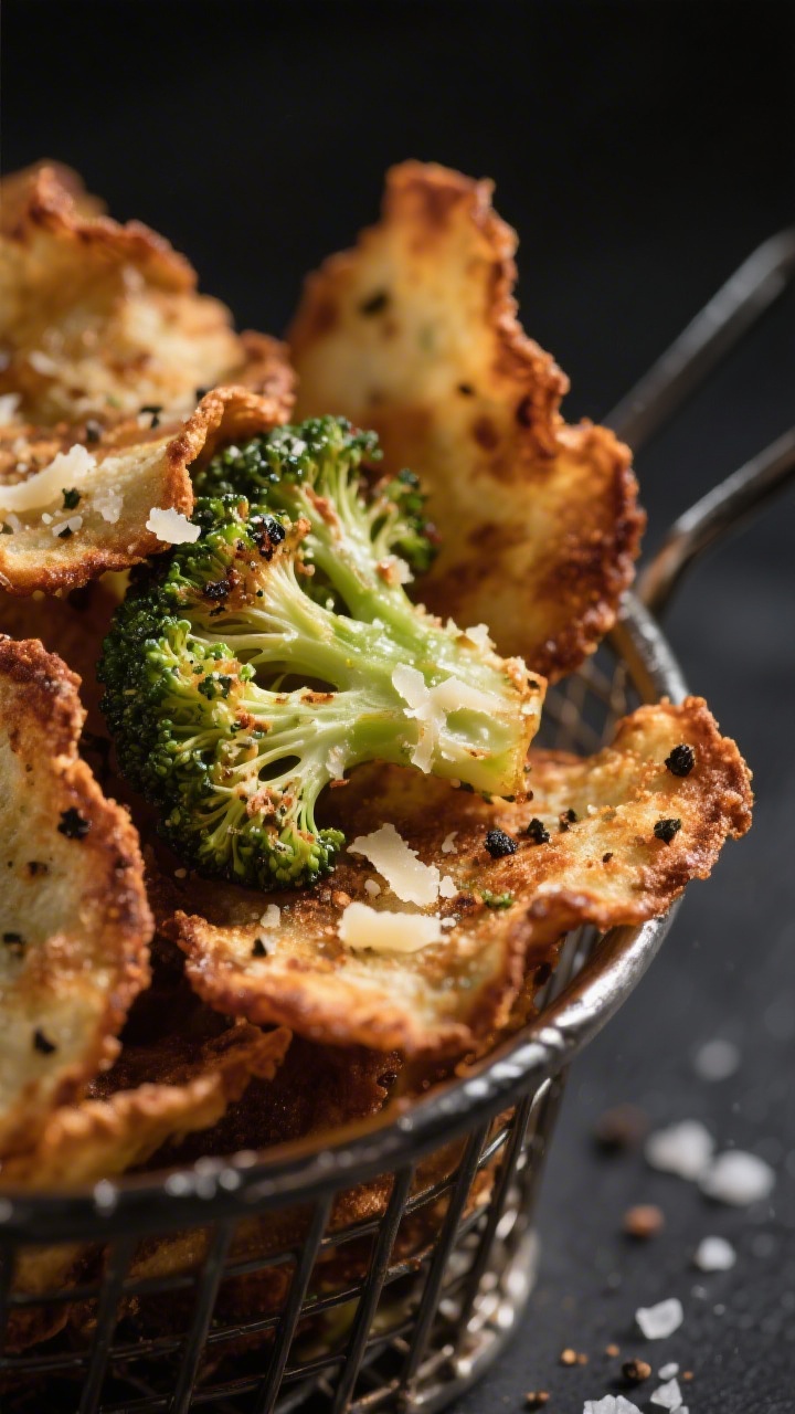 Close-up detail of air-fried broccoli chips just out of the basket, showing deeply browned, crispy r