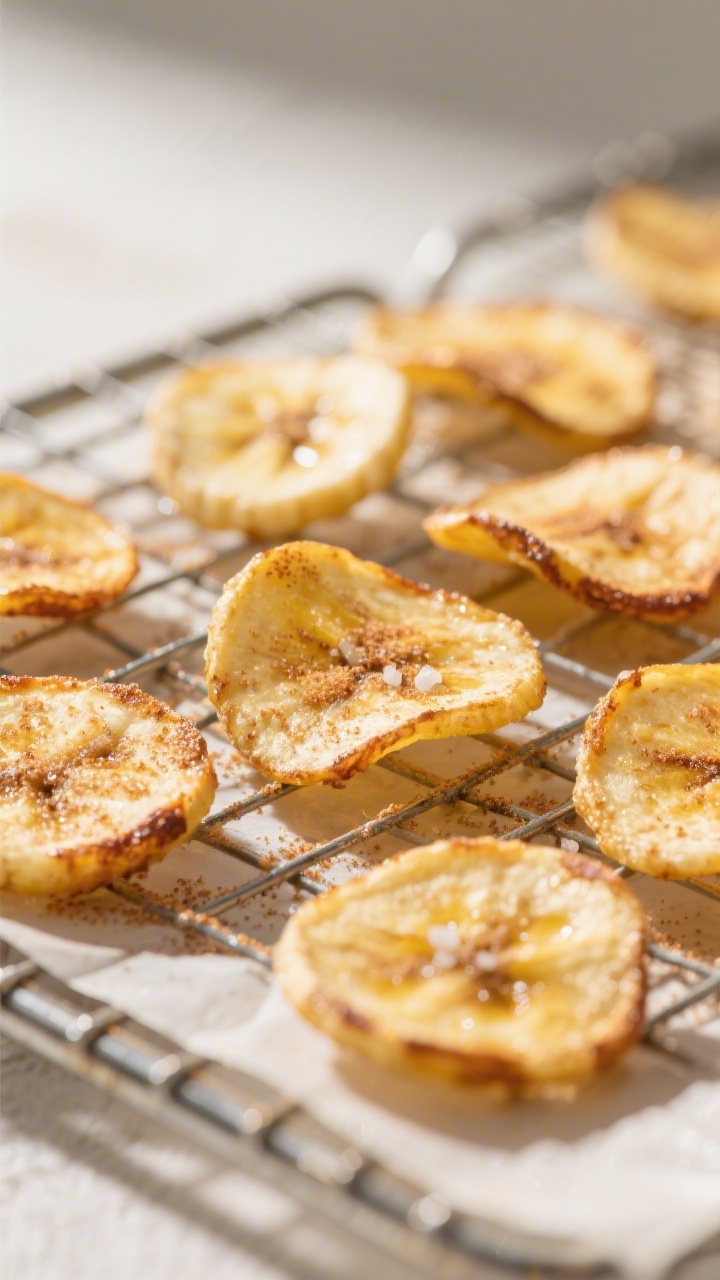 Close-up detail of freshly air-fried sweet banana chips cooling on a wire rack: golden edges with li