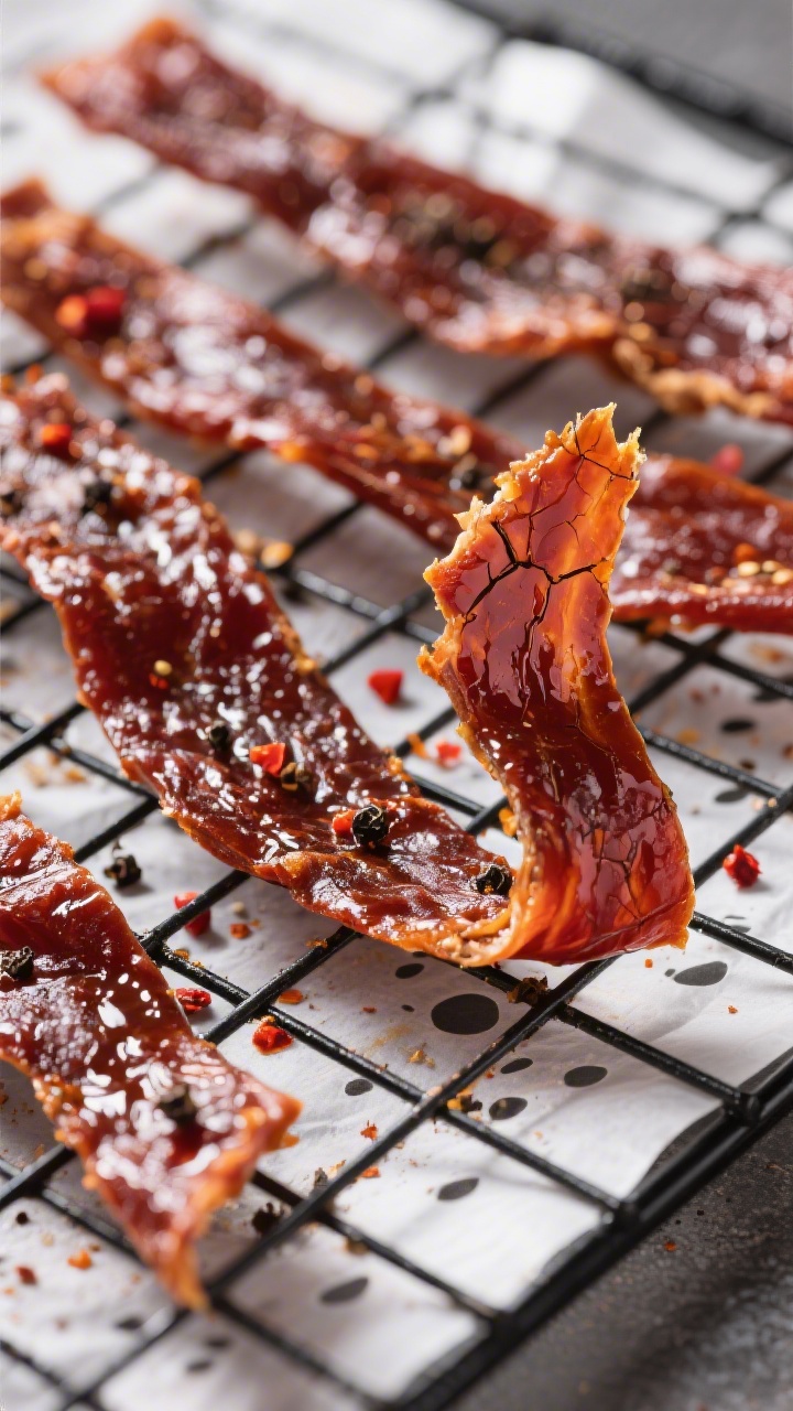 Close-up detail of glossy, finished turkey jerky strips just out of the air fryer, deep mahogany col