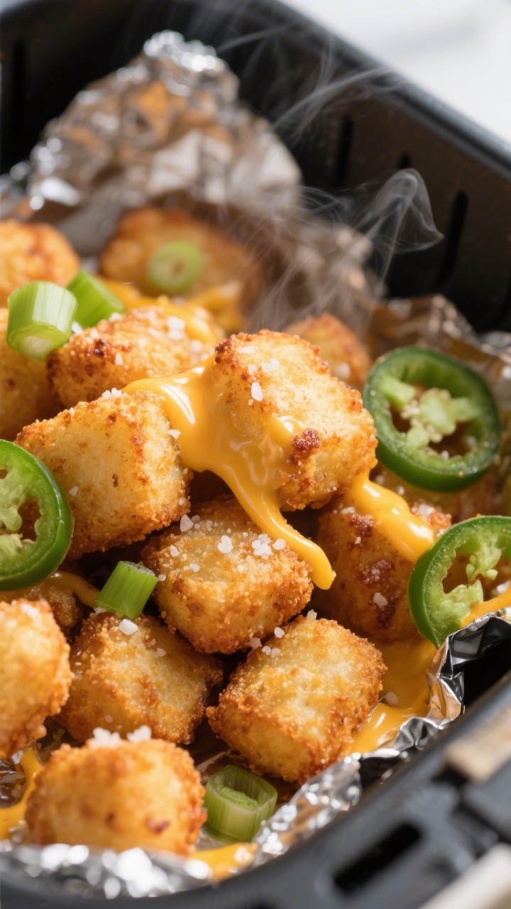 Close-up detail: Shatteringly crisp air-fried tater tots just after the first fry, edges deep golden