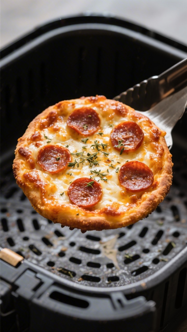 Close-up detail shot: A just-air-fried mini pizza lifted slightly from the air fryer basket with ton