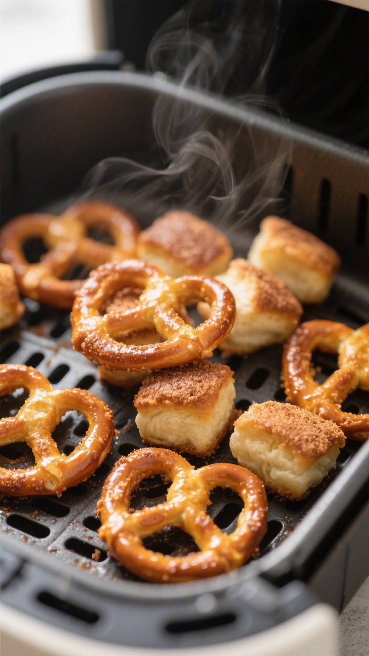 Close-up detail shot: Air fryer cinnamon pretzel bites just out of the basket at 380°F, golden-brow
