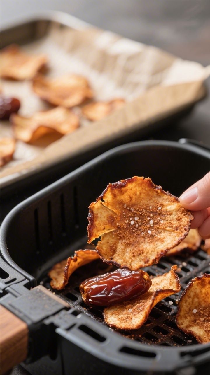 Close-up detail shot: Air fryer date chips just out of the basket, edges lightly caramelized and cri