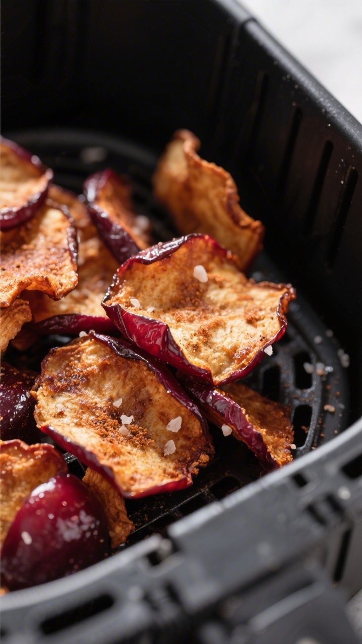 Close-up detail shot of air-fried plum chips just out of the basket: glistening, lightly caramelized