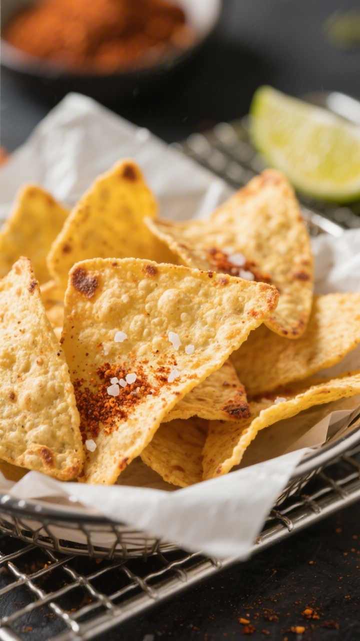 Close-up detail shot of freshly air-fried corn tortilla chips just out of the basket, lightly golden