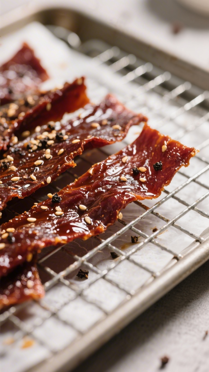 Close-up detail shot of glossy air-fried teriyaki beef jerky strips just finished drying: deep mahog