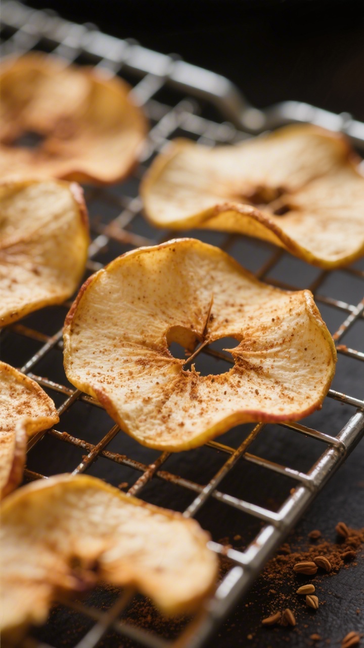 Close-up detail: Ultra-crisp air-fried cinnamon apple chips cooling on a wire rack, edges lightly cu