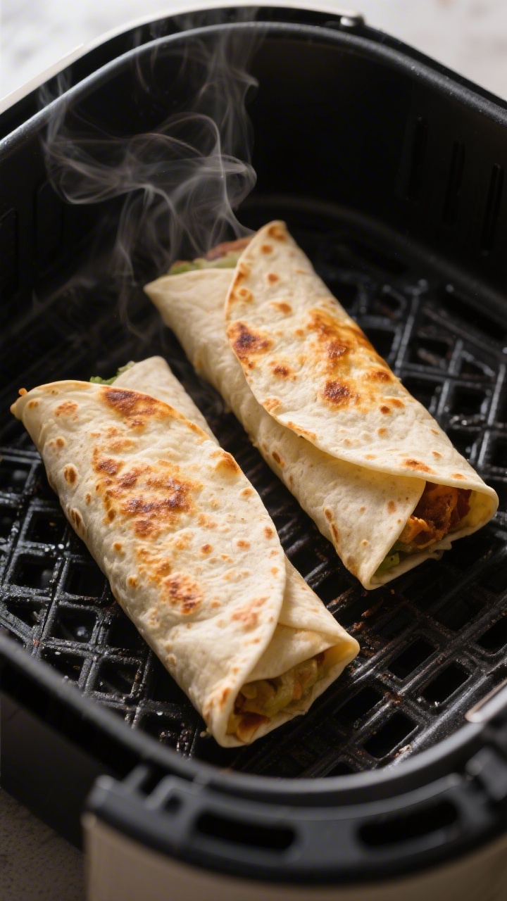 Close-up of an air fryer basket mid-cook: two frozen burritos turning golden with blistered, crispy