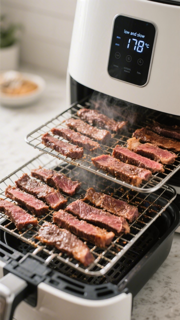 Cooking process: Air fryer racks loaded with evenly spaced, patted-dry beef strips mid-dry at low te