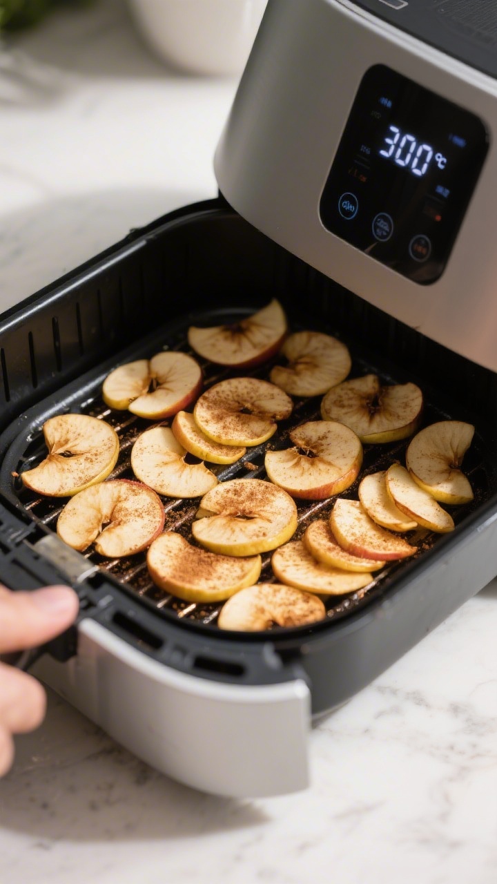 Cooking process: Apple chip slices arranged in a single layer inside an air fryer basket/tray mid-co
