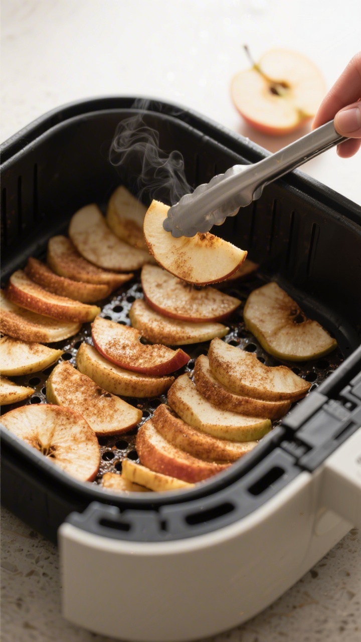 Cooking process: Apple slices arranged in a single, non-overlapping layer inside a preheated air fry