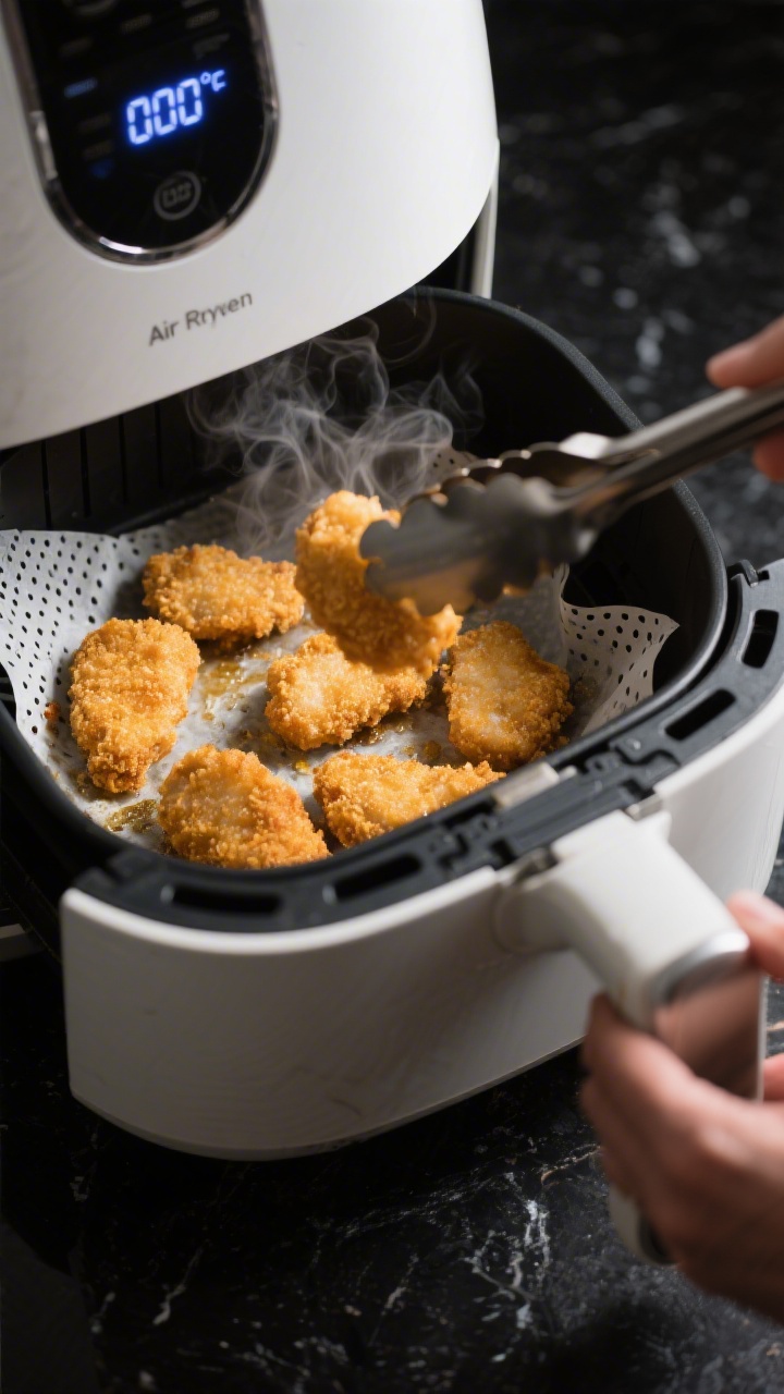 Cooking process close-up: Air fryer basket just opened at the halfway mark, golden-brown frozen chic