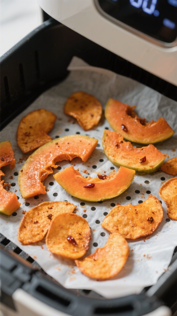 Cooking process close-up: Air fryer basket lined with perforated parchment showing a single layer of