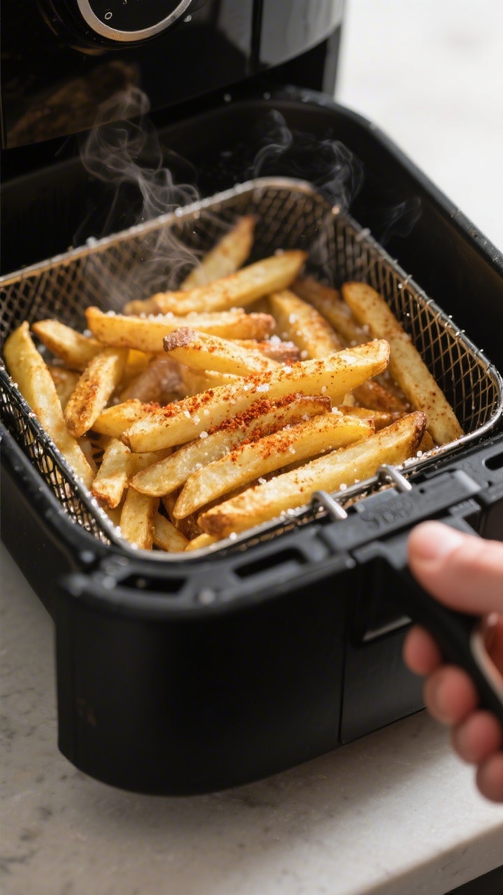 Cooking process close-up: Golden frozen French fries sizzling in an open air fryer basket at 400°F,