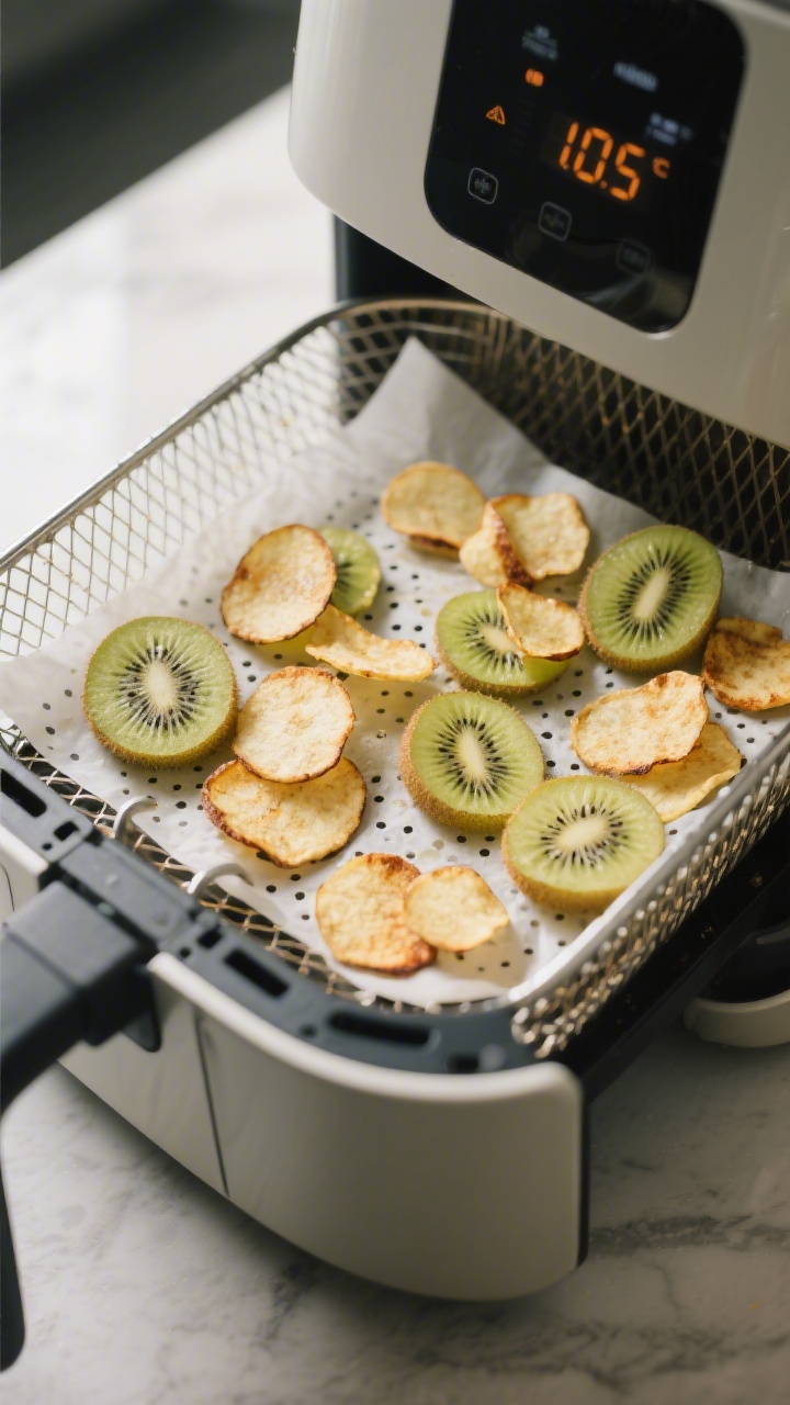 Cooking process: Kiwi chips mid-cook in an open air fryer basket lined with perforated parchment, sl