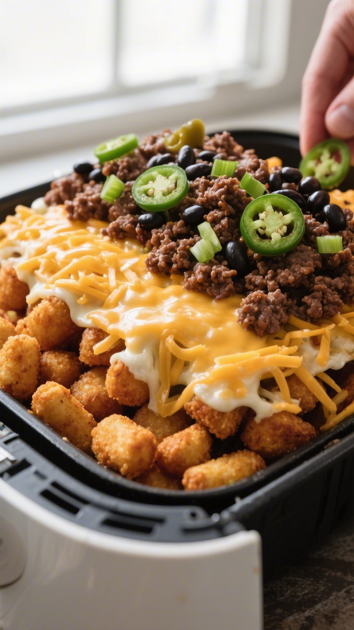 Cooking process: Layering totchos in an air-fryer-safe pan—first layer of crispy tots topped with