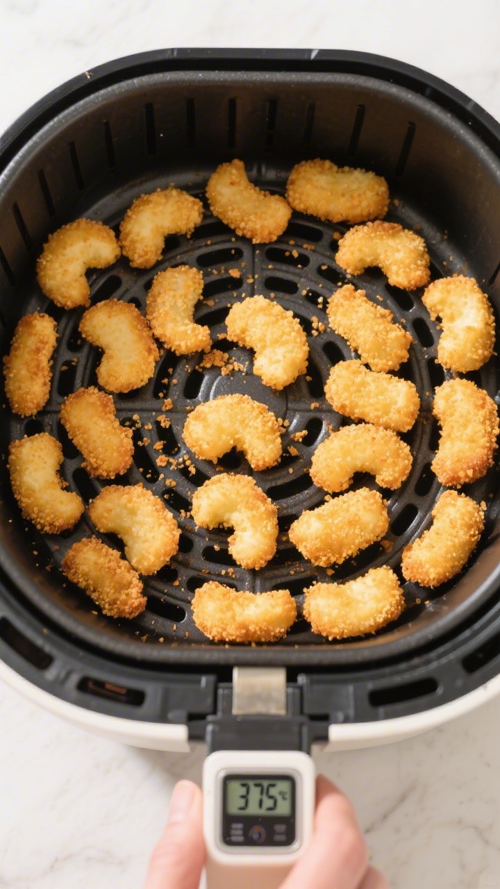 Cooking process: Overhead shot of a single layer of breaded cheese curds arranged in an air fryer ba