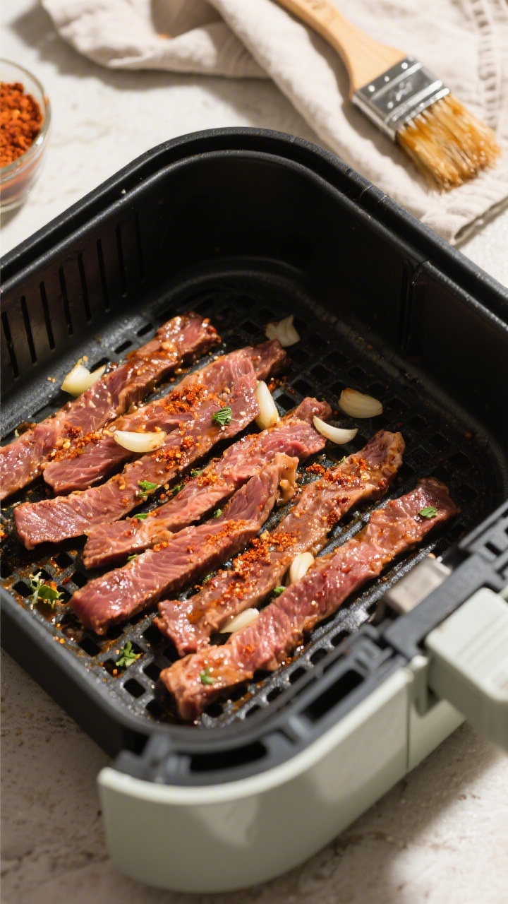 Cooking process: Overhead shot of marinated beef strips arranged in a single, non-overlapping layer