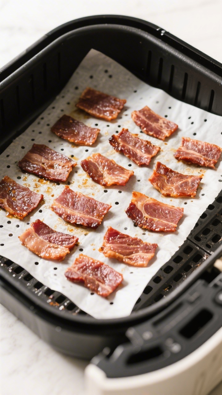 Cooking process: Overhead shot of pork jerky slices arranged in a single, non-overlapping layer on a