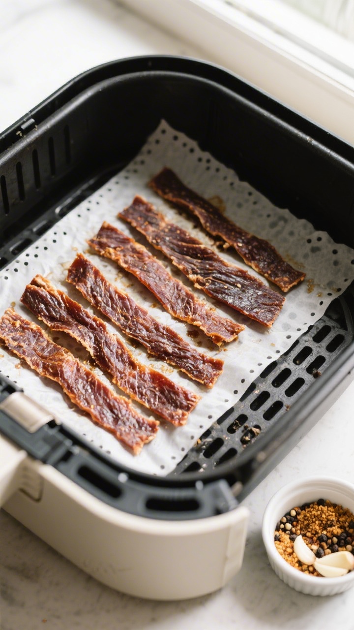Cooking process: Overhead shot of tuna jerky midway through dehydrating in an air fryer basket lined