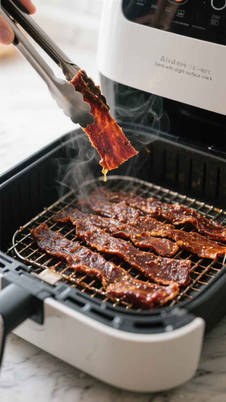 Cooking process scene: marinated jerky slices arranged in a single, non-overlapping layer inside an