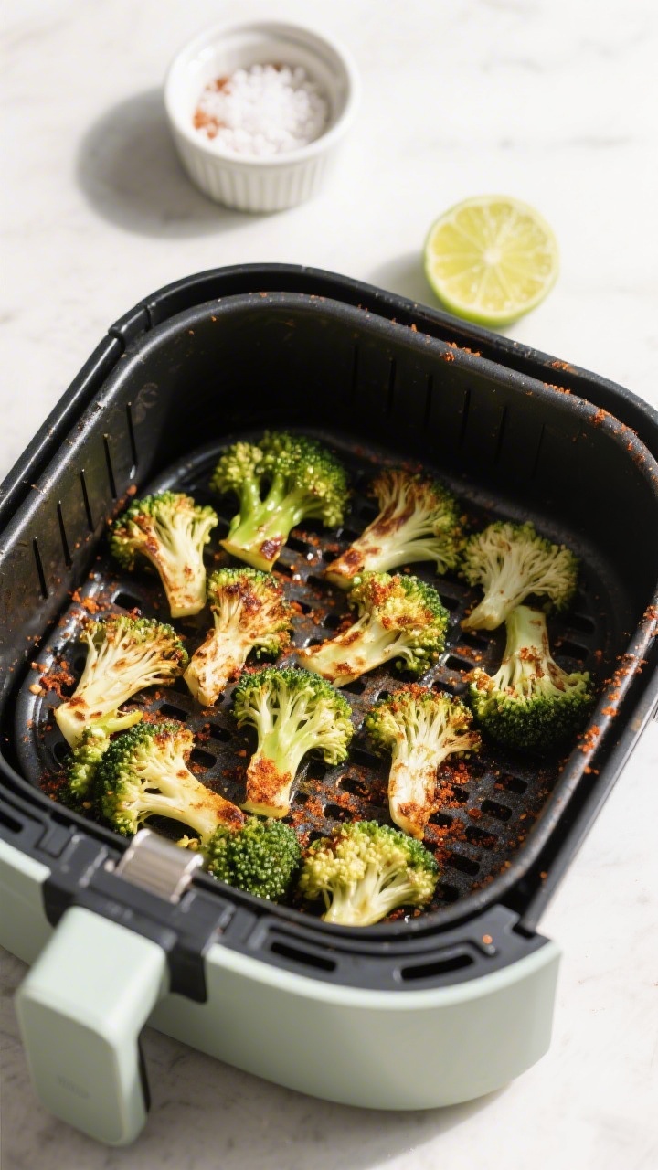 Cooking process scene: single-layer broccoli florets arranged in a preheated air fryer basket at 375