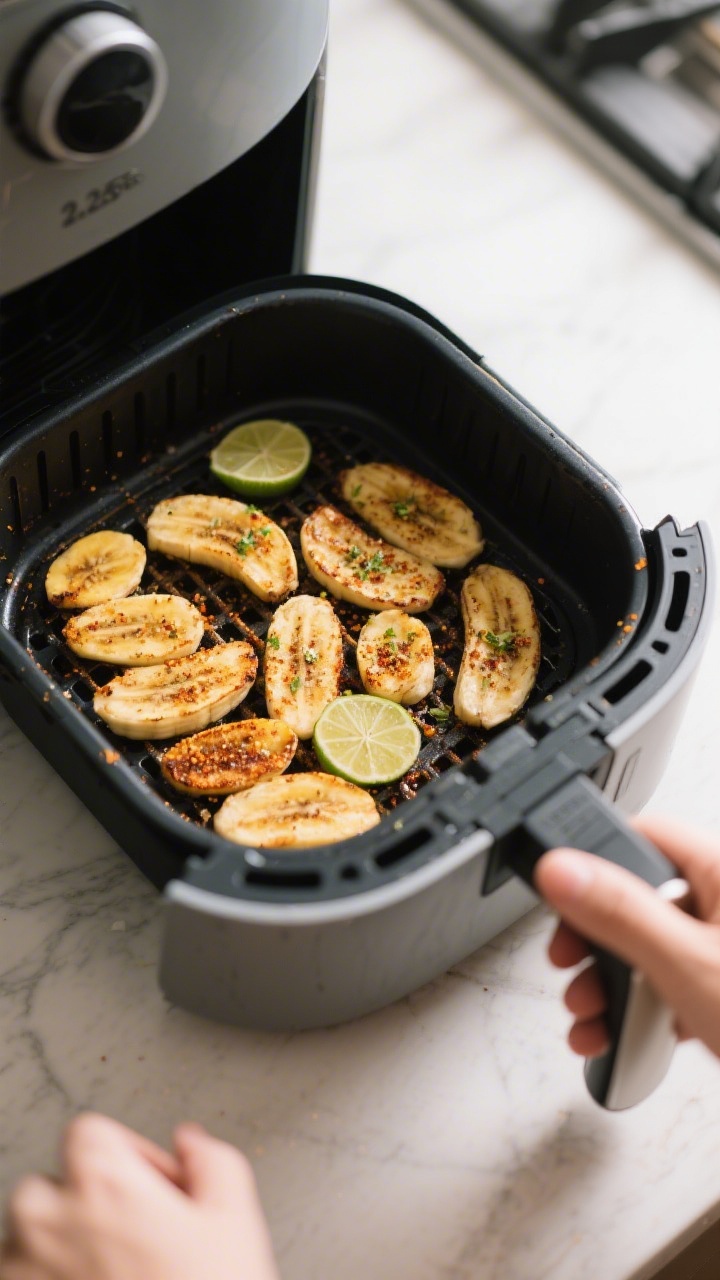 Cooking process shot: Banana slices arranged in a single, non-overlapping layer inside an air fryer
