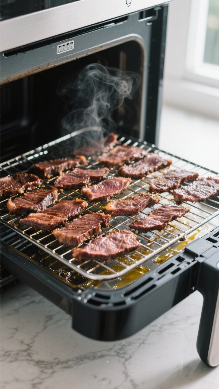 Cooking process shot inside an air fryer: racks arranged with evenly spaced, blotted-dry beef slices