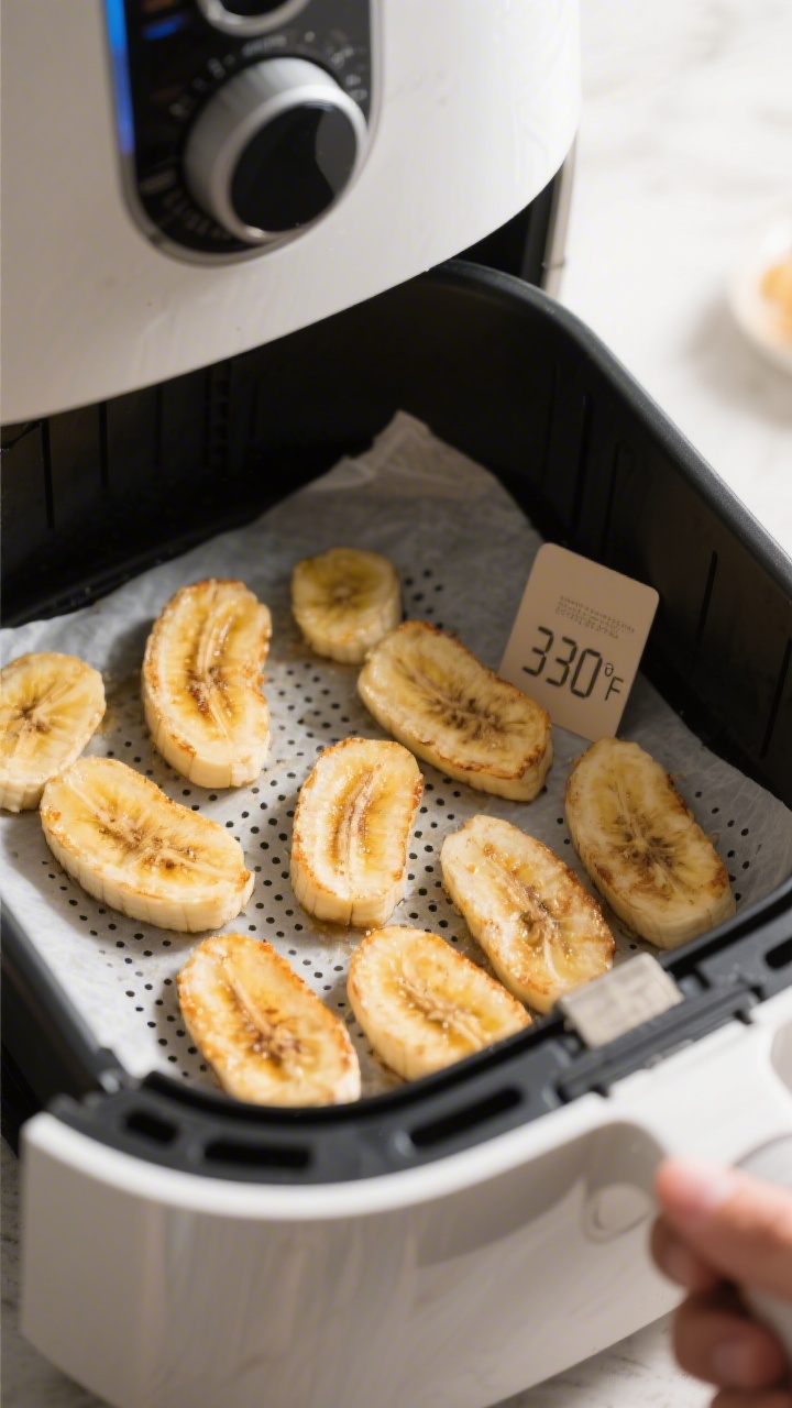 Cooking process shot inside the air fryer basket: evenly spaced banana slices in a single layer mid-
