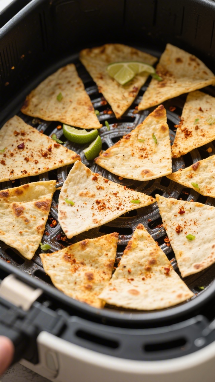 Cooking process shot: tortilla wedges arranged in a single, non-overlapping layer inside an air frye