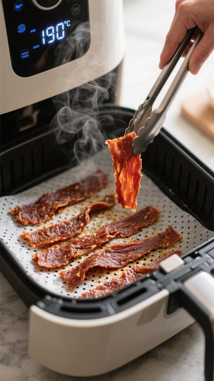 Cooking process shot: turkey jerky mid-dry in the air fryer at low temp, single layer on perforated
