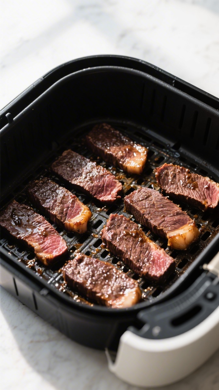 Cooking process: Slices of marinated beef arranged in a single layer inside an air fryer basket, eve