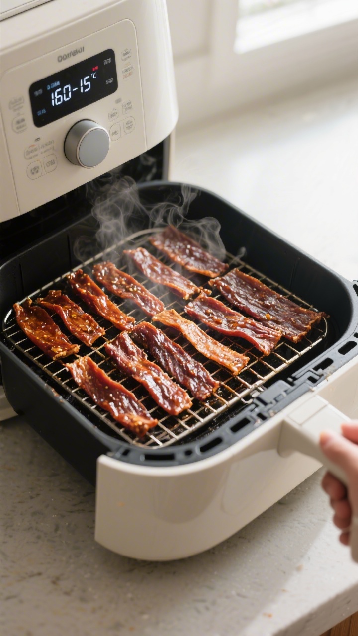 Cooking process: Thin, evenly spaced jerky strips arranged in a single layer on lightly oiled air fr
