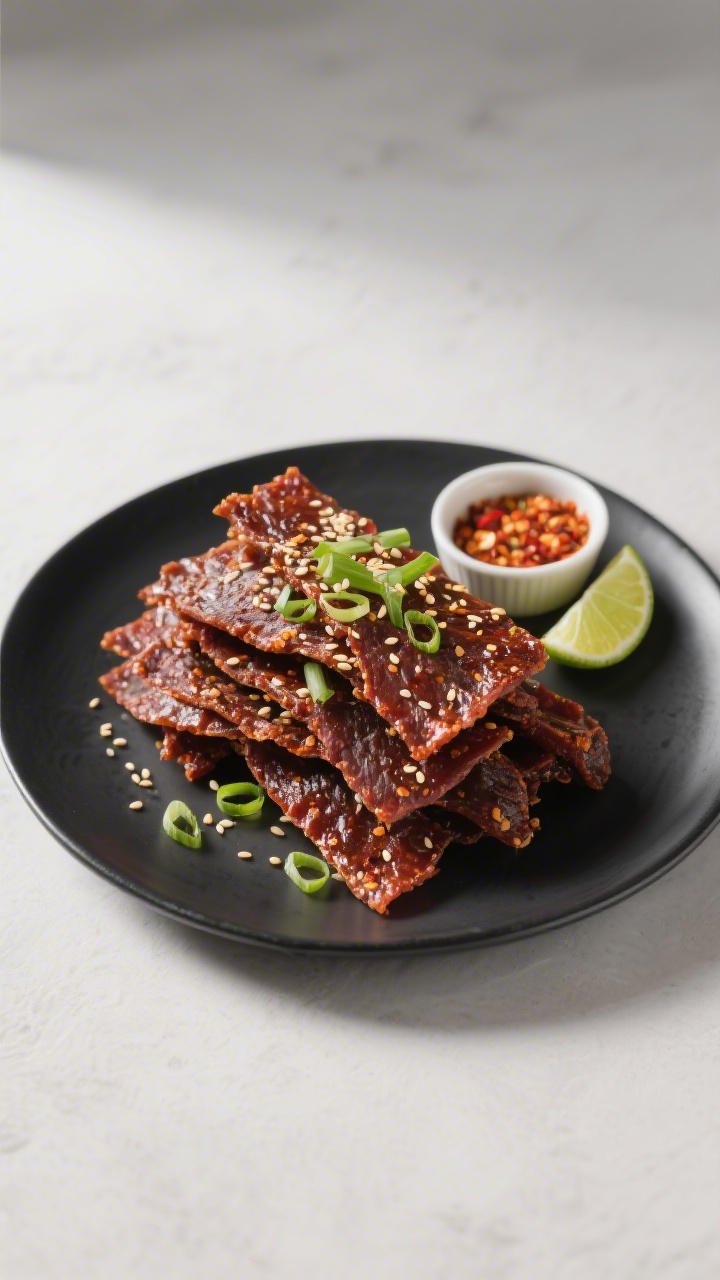 Final dish plated: Restaurant-quality presentation of Air Fryer Spicy Beef Jerky piled in a loose st